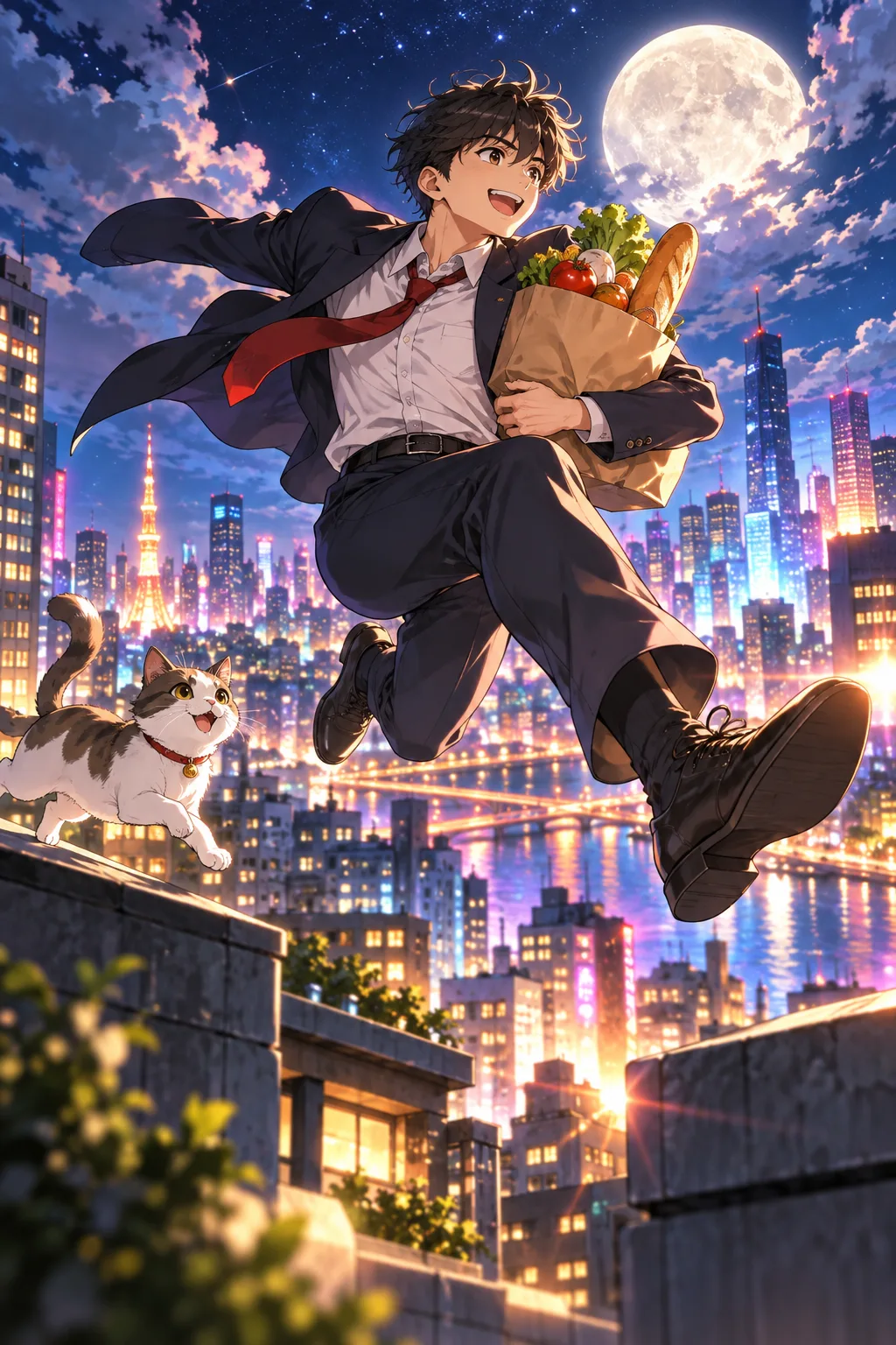 Anime-style illustration of a young man in an office suit leaping across night city rooftops like a hero, holding a grocery bag