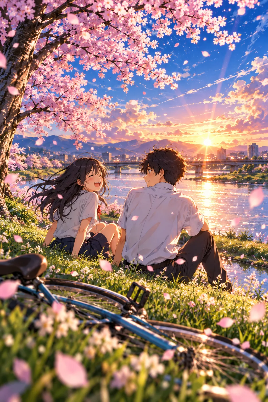 Anime-style illustration of two childhood friends sitting at a riverbank under cherry blossoms, a bicycle lying in the grass