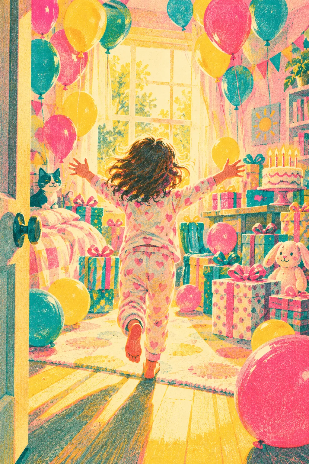 Risograph-style illustration of a child running on birthday morning into a room full of balloons and wrapped gifts