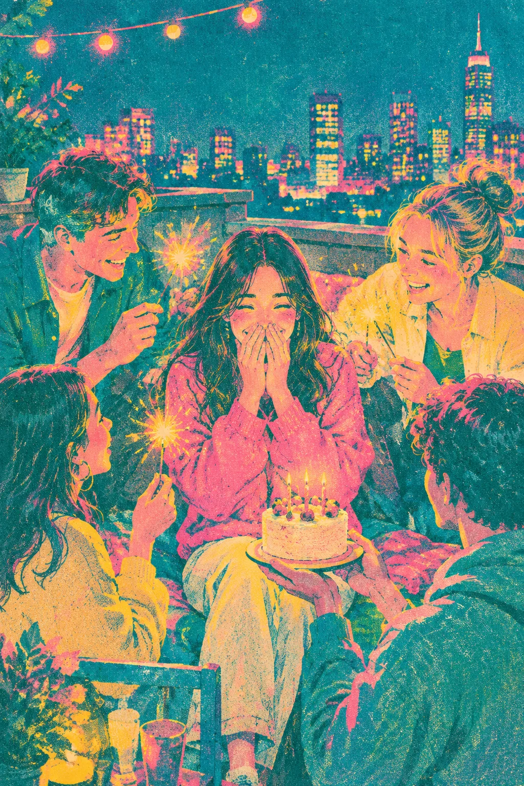 Risograph-style illustration of friends on a rooftop at night surprising a young woman with sparklers and a small cake