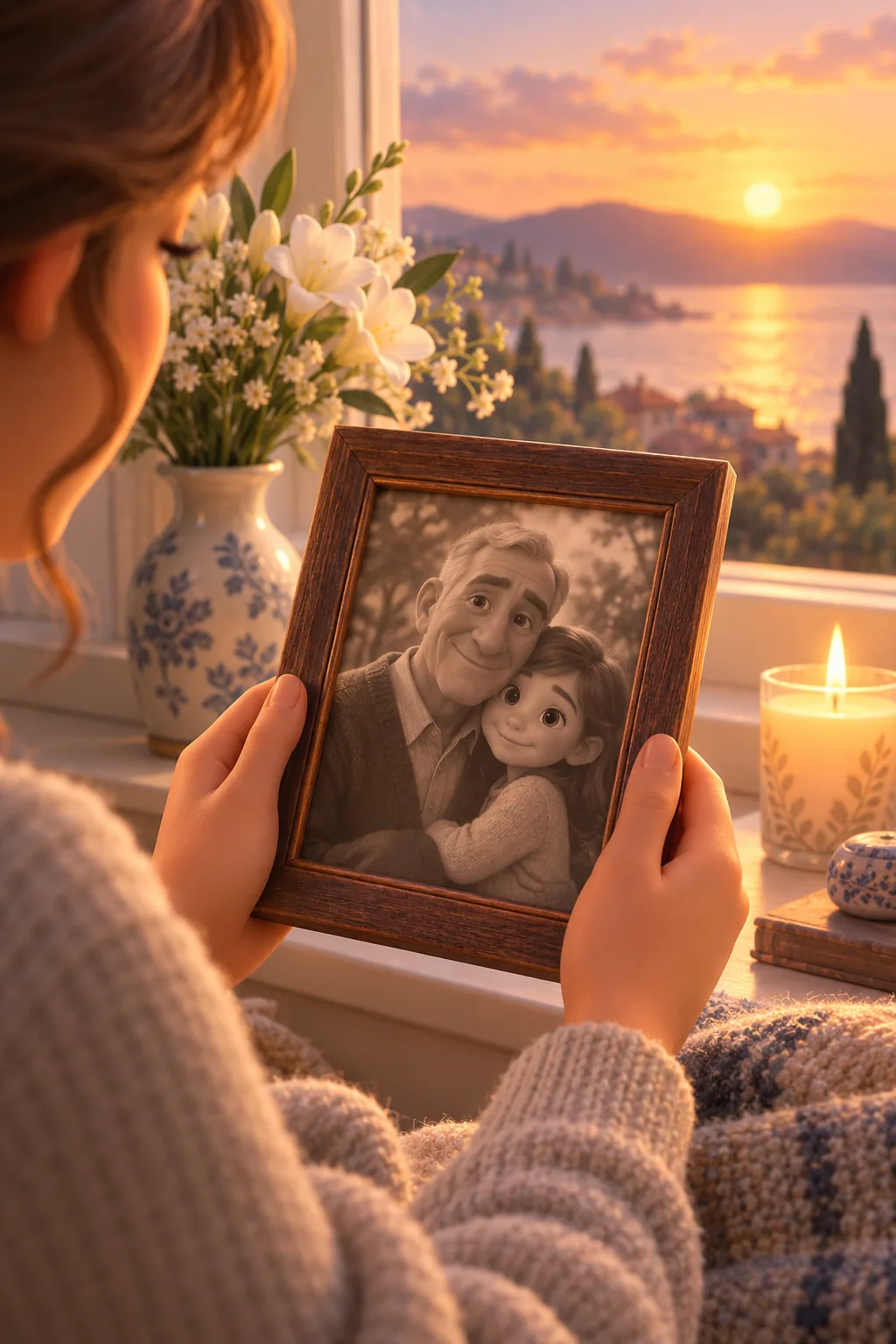 Hands holding an old framed photograph beside flowers and a candle