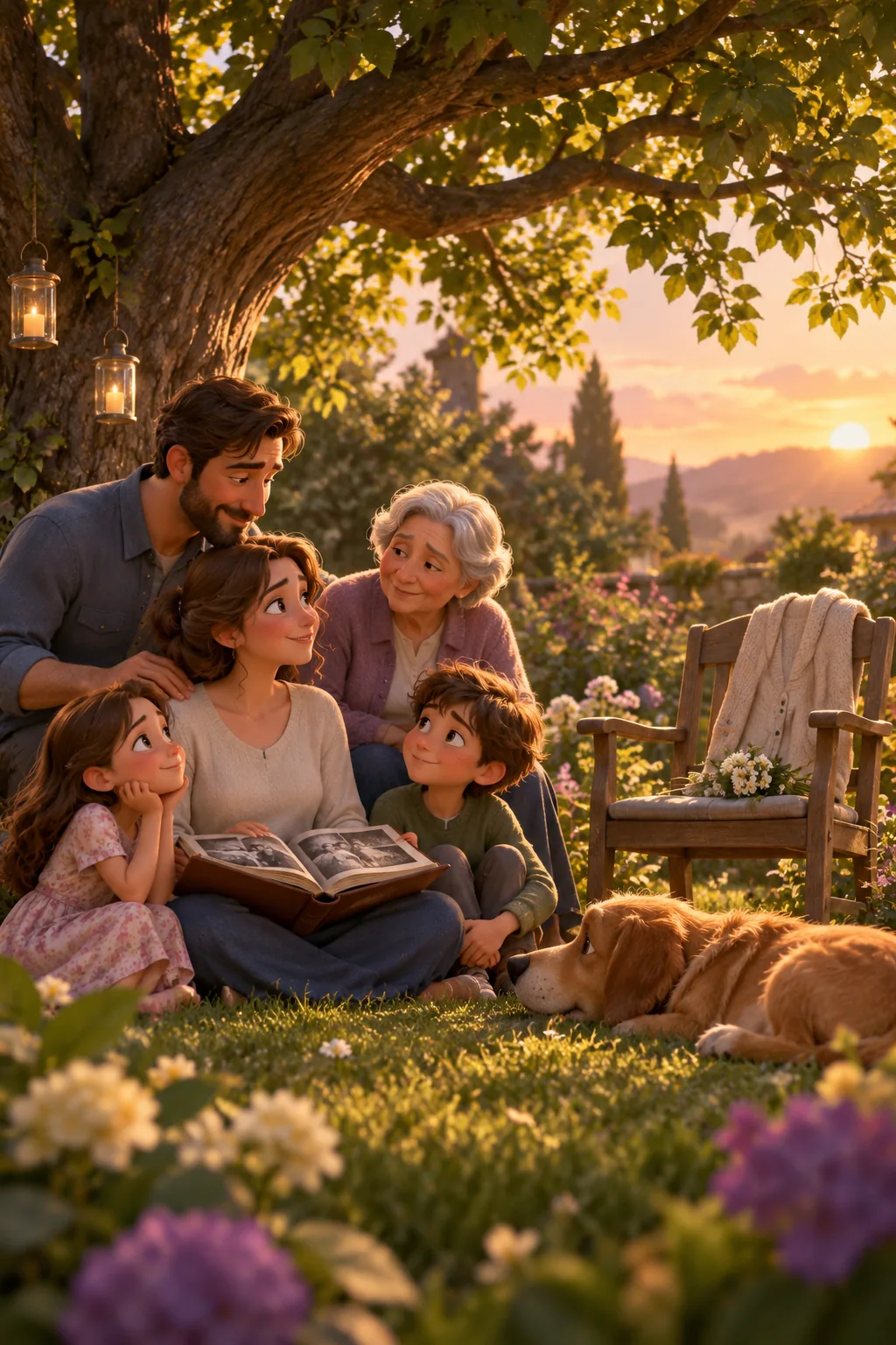 A family sharing memories under a tree in the garden