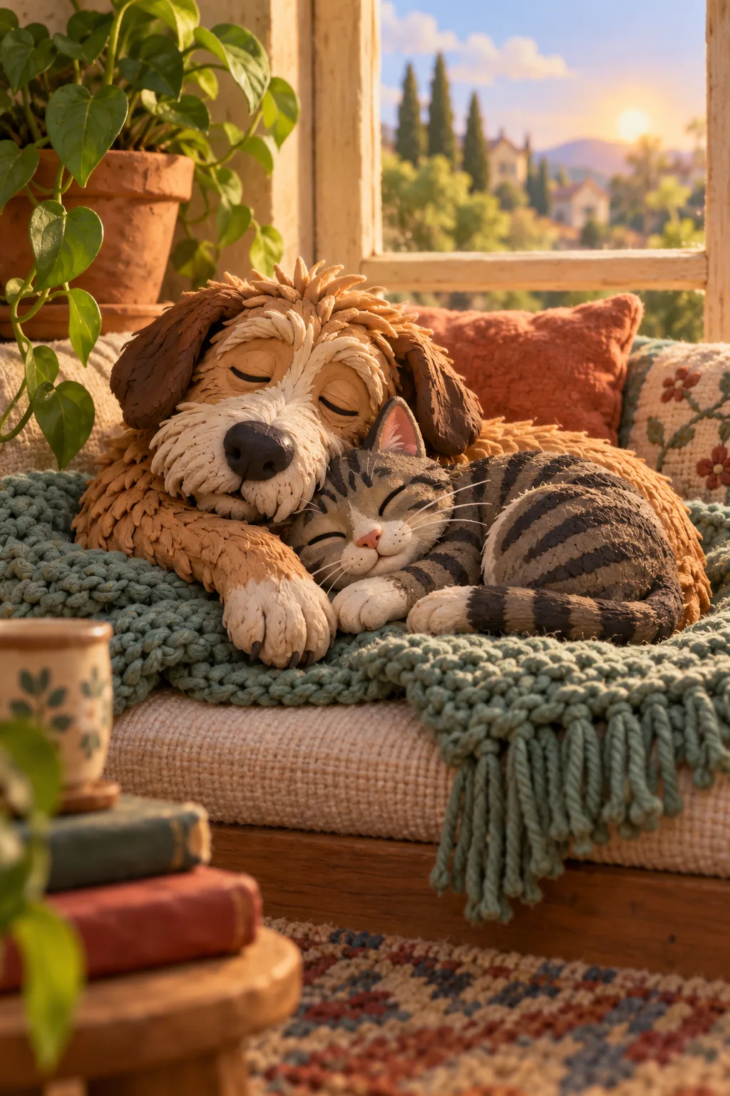 Claymation-style scruffy dog and tabby cat napping together in a sunny window seat