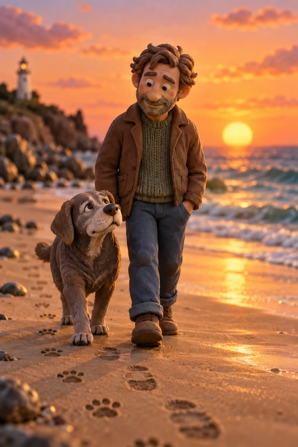 Claymation-style old grey-muzzled dog walking beside its owner on a quiet beach at sunset