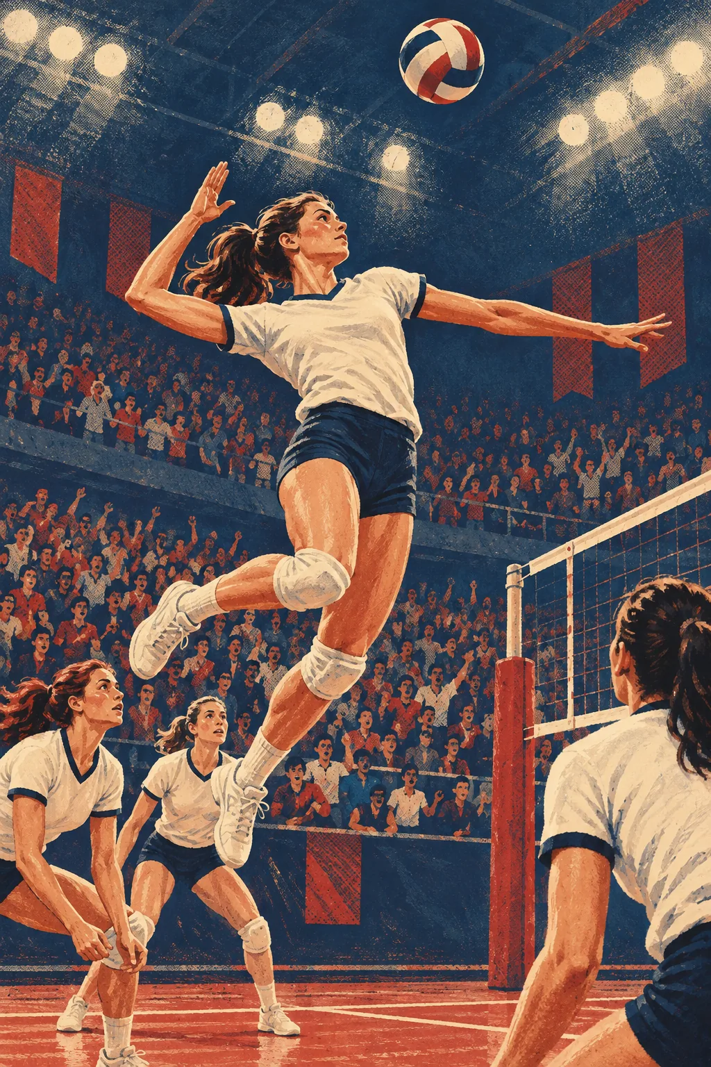 Une joueuse de volley s'élève pour smasher dans un gymnase plein à craquer