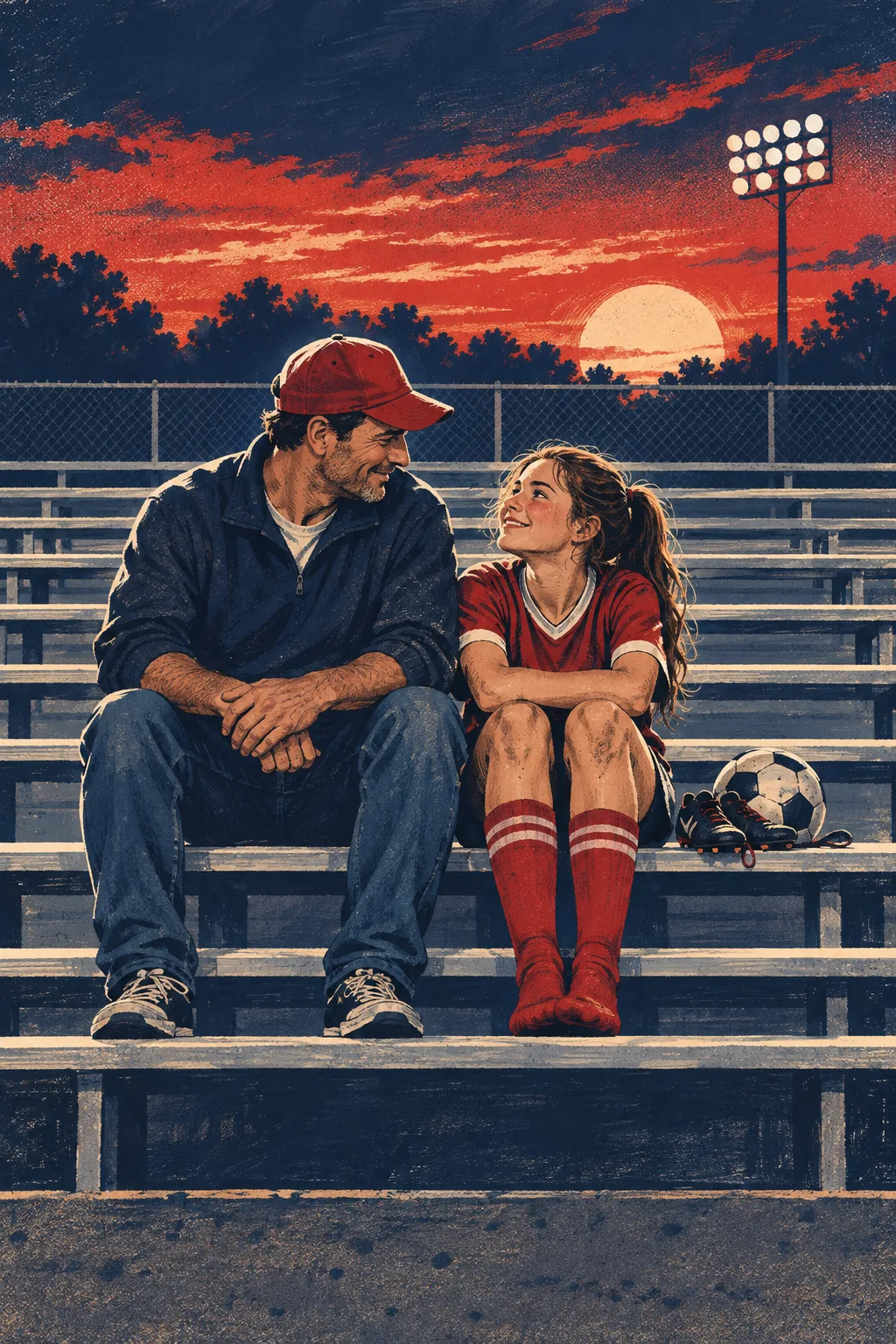 Un père et sa fille assis dans les gradins vides au crépuscule après le match, crampons et ballon à côté d'eux