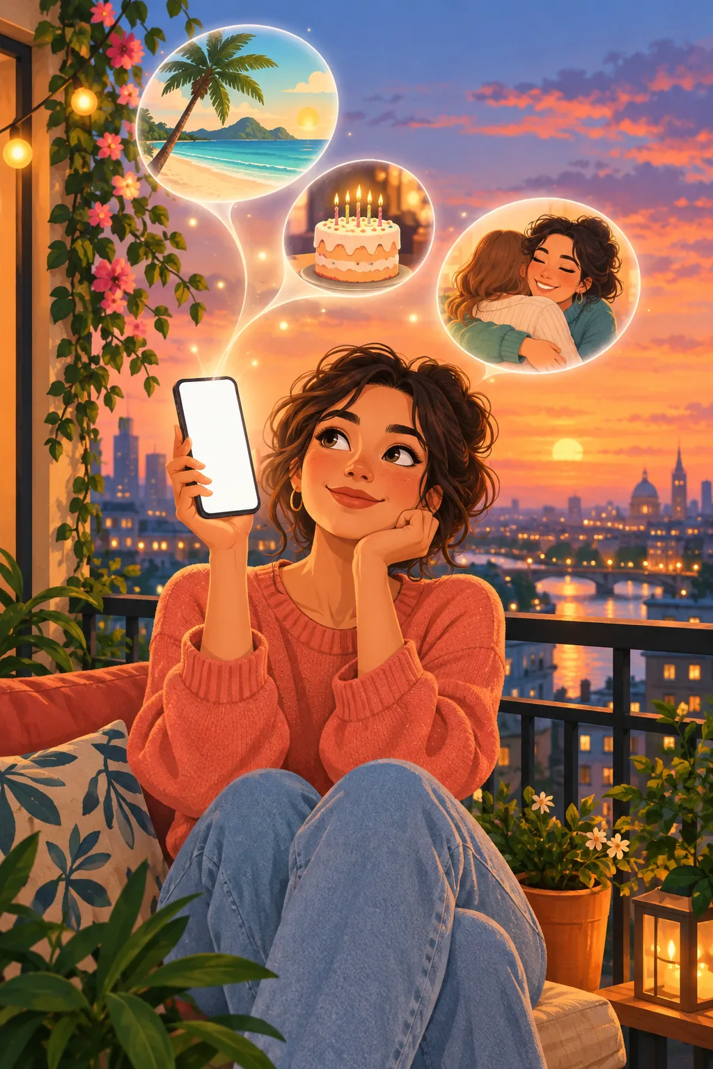Illustration vectorielle d'une jeune femme sur un balcon en ville au crépuscule, un téléphone lumineux à la main, d'où s'échappent comme des bulles des souvenirs : plage, gâteau, câlin