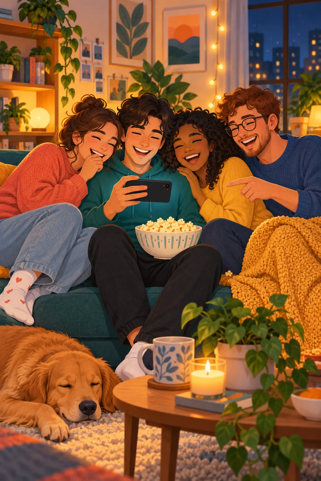 Illustration vectorielle d'amis serrés sur un canapé qui rient en regardant une vidéo story sur un seul téléphone, avec du pop-corn et une guirlande lumineuse
