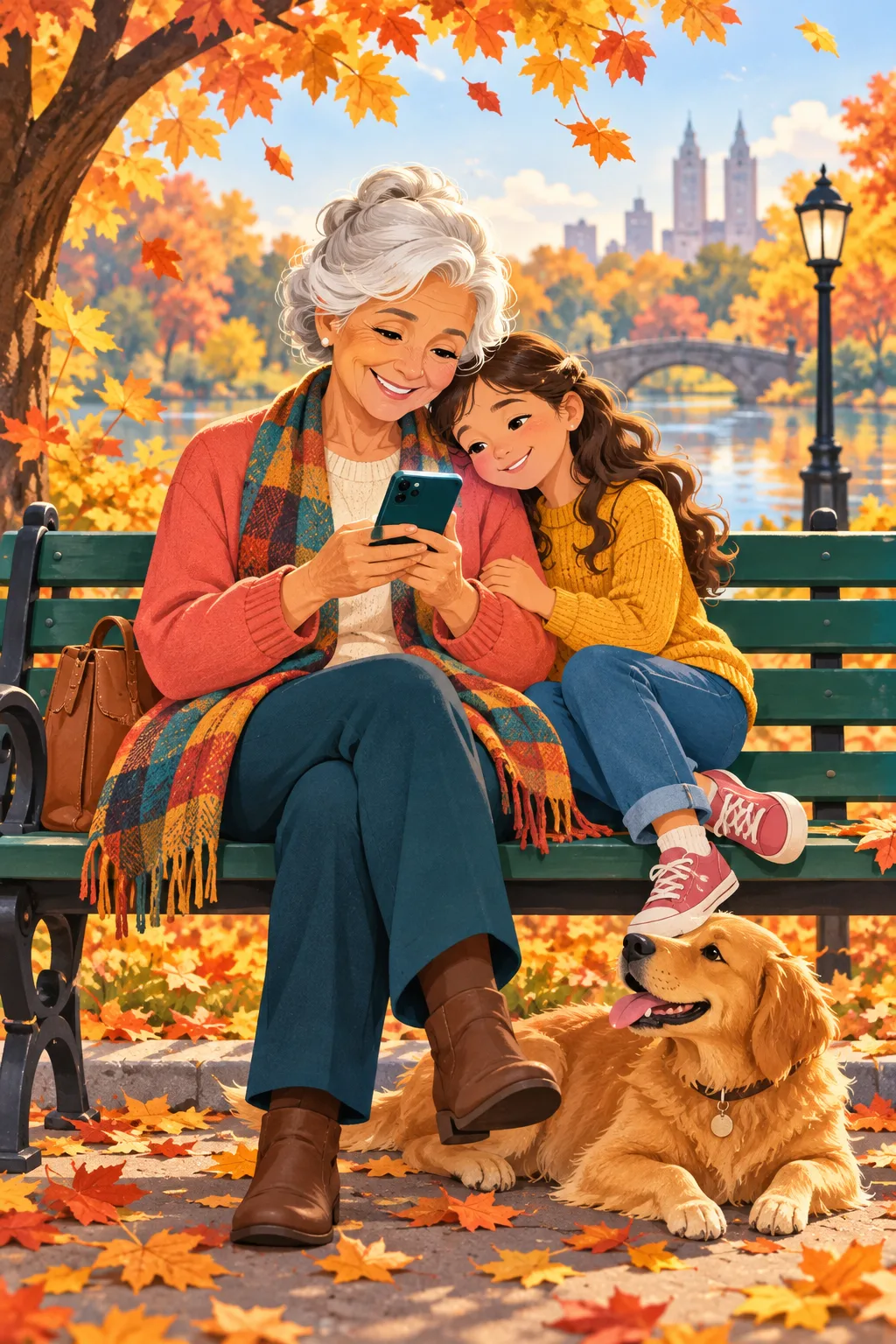 Illustration vectorielle d'une grand-mère sur un banc de parc qui sourit à son téléphone, son petit-enfant appuyé sur son épaule, parmi les feuilles d'automne