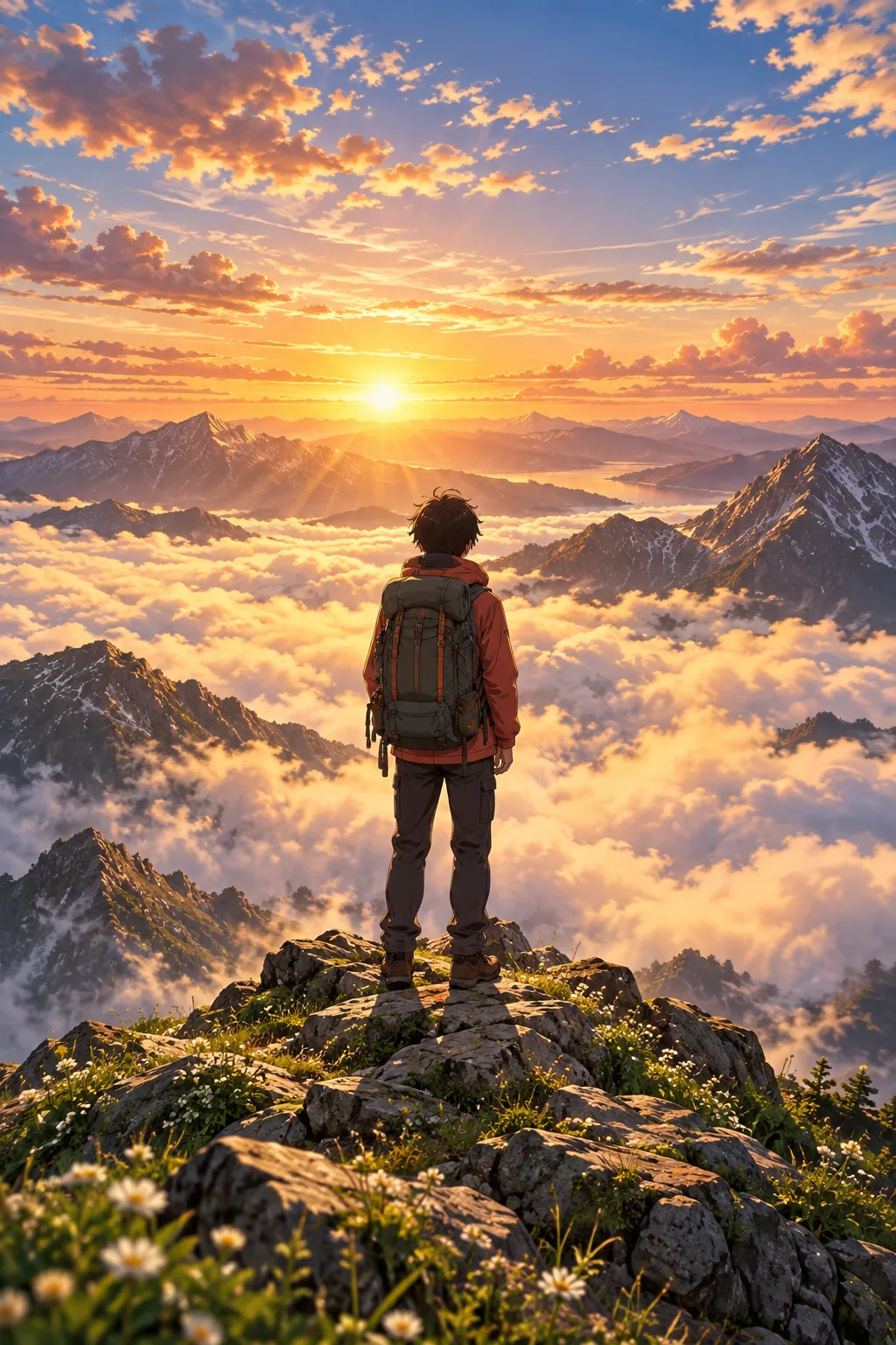 Ein Wanderer auf einem Grat über einem Wolkenmeer bei Sonnenaufgang