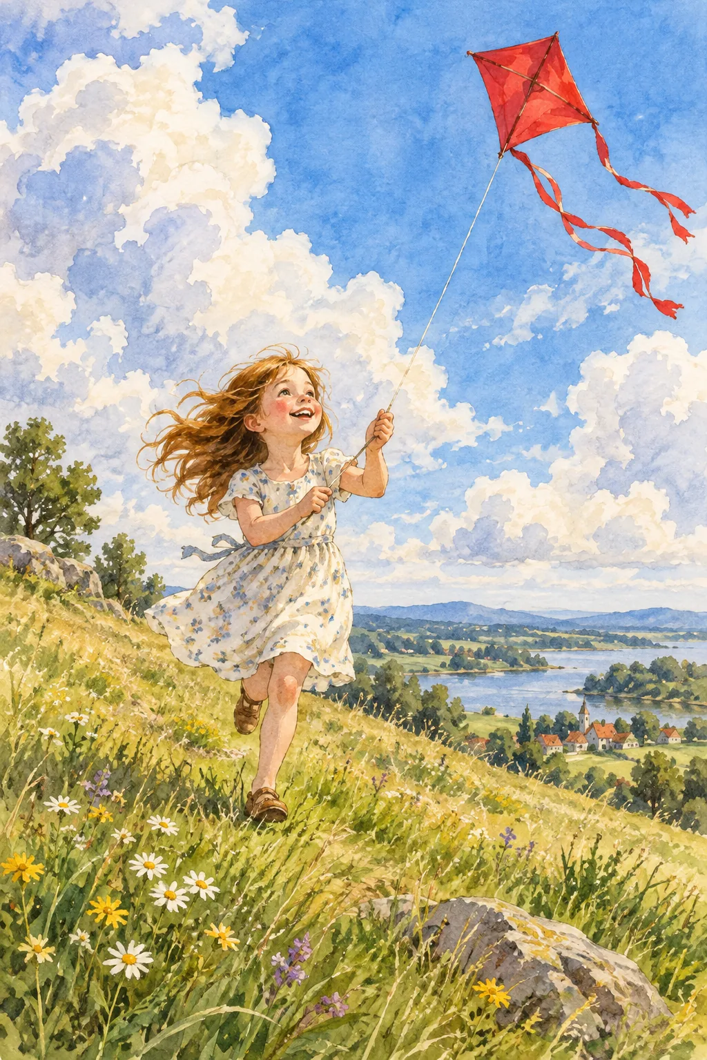 A girl flying a red kite on a summer hill