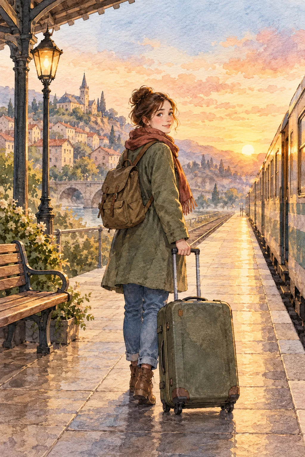 A young woman with a suitcase on a train platform at dawn, leaving home
